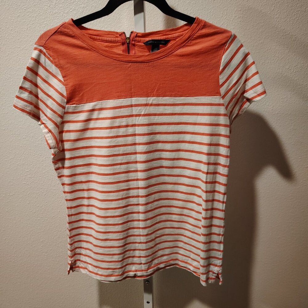 Tommy Hilfiger Women's Pink and White Striped Top Size Large Cotton Short Sleeve